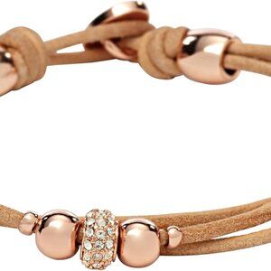 Women's Leather and Stainless Steel Bracelet Rose Gold Bead Chain 7.5"